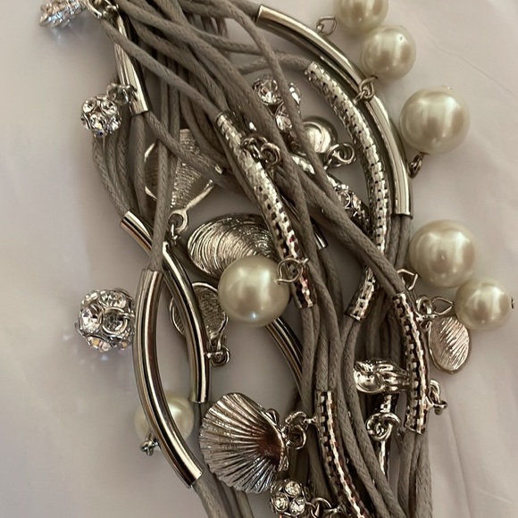 Multi Strands With Faux Pearls Crystal Rhinestones Charms Bracelet - Picture 7 of 7